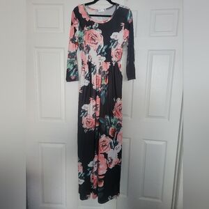 FeiTong Black and Pink Floral Maxi Dress